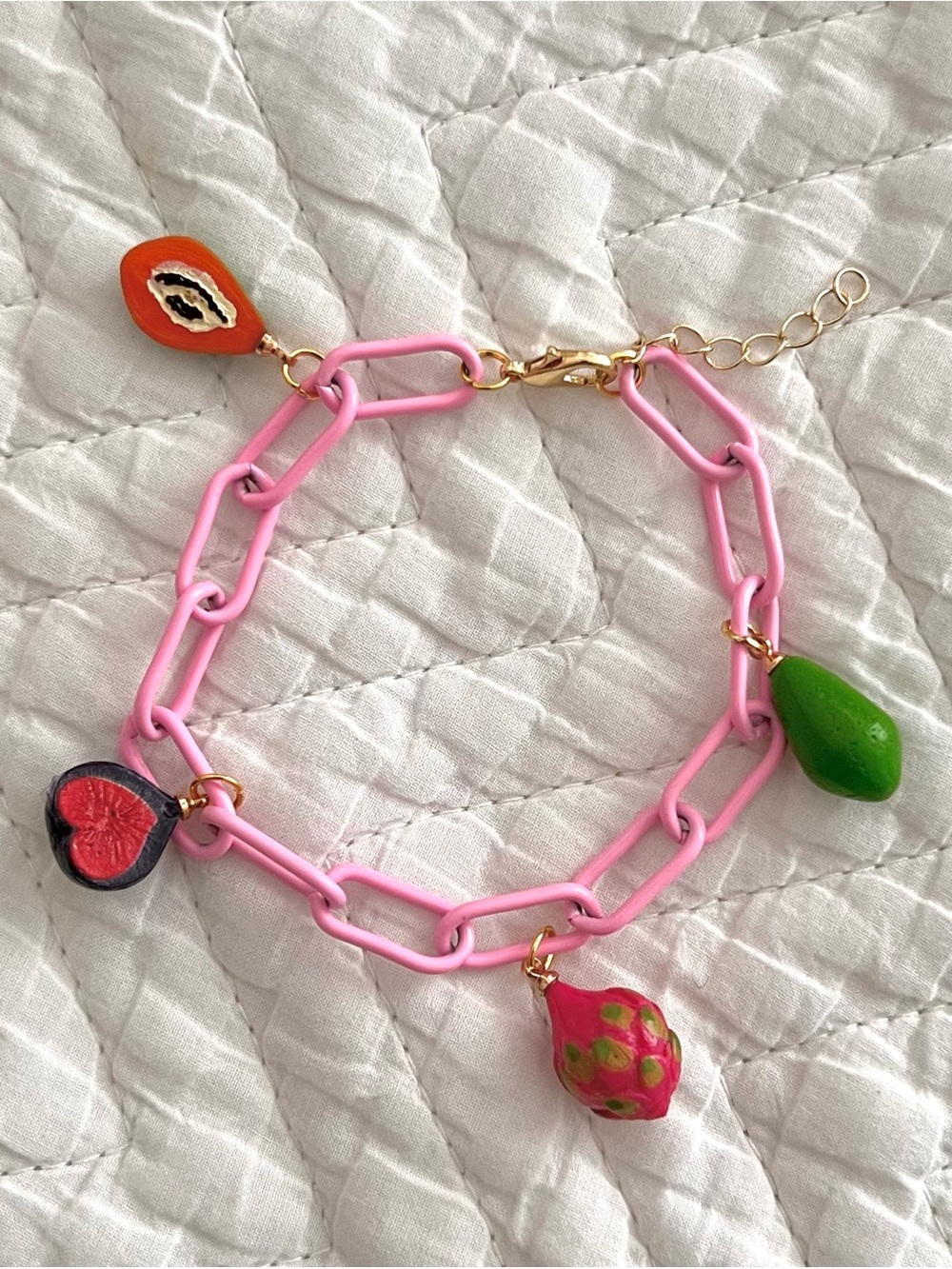 NEW Pink Enamel Summer Fruit Charm Chain Bracelet